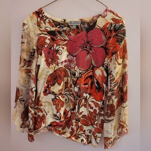 JM Collection Asymmetrical Pink and Orange 3/4 Sleeve Blouse